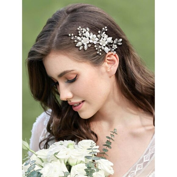 Silver Bridal Hair Comb Handmade Crystals Pearls Leaves Wedding Accessory